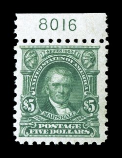 480, $5.00 Light green, top margin plate no. 8016 single, well centered within large margins, rich color and a detailed impression, o.g., n.h., choice very fine 2003 PF
certificate.