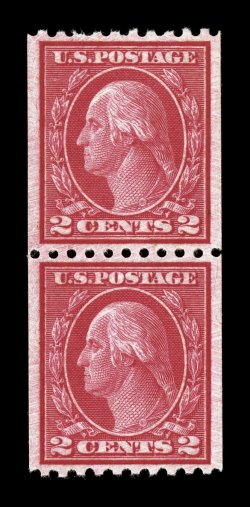 487, 2c Carmine coil, Ty. II, perf. 10 horiz., mint pair, exceptionally well centered within large margins, deep vibrant color and a highly detailed impression, pristine o.g.,
n.h., extremely fine 2007 PSE certificate (XF-Superb 95 SMQ $270.00