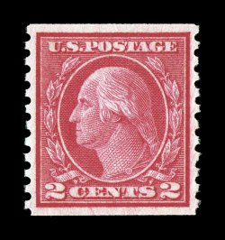 492, 2c Carmine coil, Ty. III, perf. 10 vert., gem mint single, perfectly centered, deep intense color and impression, o.g., n.h., extremely fine 2007 PSE certificate (Superb 98
SMQ $245.00) one of only two to receive this impressive grade,