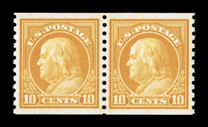 497, 10c Orange yellow coil, perf. 10 vert., a remarkable mint pair, featuring lavishly large margins all around which are almost never encountered on this rotary coil,
flawlessly centered as well, gorgeous color and an intense impression, o.g.,