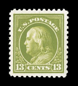 513, 13c Apple green, a highly desirable mint single, wonderfully well centered amid extravagantly large margins, gorgeous rich color, pristine o.g., n.h., extremely fine 1999
PF certificate and a 2007 PSE certificate (XF-Superb 95 Jumbo SMQ $