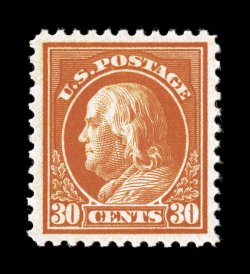 516, 30c Orange red, excellent centering within large margins, beautiful vivid color and a crisp impression on especially bright paper, unblemished o.g., n.h., extremely fine
2007 PSE certificate (XF-Superb 95 SMQ $870.00).