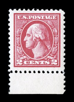 528B, 2c Carmine offset, Ty. VII, striking bottom sheet-margin single, possessing enormously large margins and being exceedingly well centered within them, brilliantly fresh
color and paper, flawless o.g., n.h., an extremely fine gem 1990 PF ce