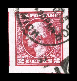 533, 2c Carmine offset imperforate, Ty. V, used, huge margins all around, rich vibrant color, duplex cancel, extremely fine 2007 PF certificate (XF-Superb 95 - we would have
thought a Jumbo designation appropriate SMQ $220.00).