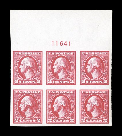 534A, 2c Carmine offset imperforate, Ty. VI, full top margin plate no. 11641 block of six, other margins large and even, brilliant color, o.g., lightly hinged, extremely
fine.