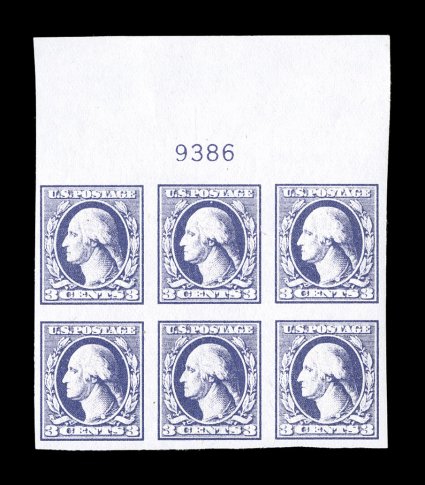 535, 3c Violet, matched set of four plate no. 9386 blocks of six, full to large margins, fresh colors, o.g., top and right plates n.h., other two l.h., very fine
ex-Saddleback.