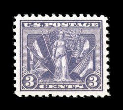 537, 3c Victory, exceptionally well centered, strong fresh color, o.g., n.h., extremely fine 2007 PSE certificate (XF-Superb 95 SMQ $210.00).