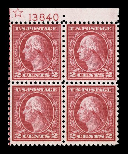 540, 2c Carmine rose coil waste, Ty. III, full top margin star and plate no. 13840 block of four, extraordinarily fresh, deep luxuriant color, well centered, o.g., n.h., choice
very fine 1994 PF certificate ex-Fogelson.