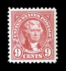 561, 9c Rose, a highly select mint single, precisely centered within lavish margins all around, strong rich color, unblemished o.g., n.h., an extremely fine gem a wonderfully
choice stamp 2008 PSE certificate (Superb 98 SMQ $890.00).