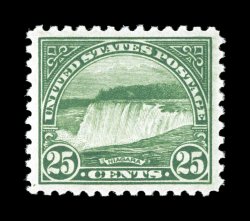 568, 25c Yellow green, a highly desirable example of this surprisingly difficult value, flawlessly centered, brilliantly rich color and a highly detailed impression, immaculate
o.g., n.h., superb 2007 PSE certificate (Superb 98 SMQ $1,300.00)