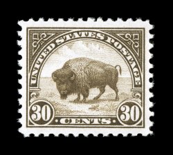 569, 30c Olive brown, wonderfully well centered amid exceedingly large margins, sumptuously rich color and a well incised impression, o.g., n.h., extremely fine 2007 PSE
certificate (XF-Superb 95 Jumbo SMQ $520.00 for 95 and $1,850.00 for 98).