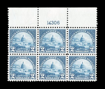 572, $2.00 Deep blue, an especially handsome full top margin plate no. 14306 block of six, exceptionally well centered, deep rich color, o.g., n.h., small natural flat plate gum
skips, very fine.