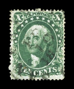 34, 10c Green, Ty. IV, position 55L1, used, well centered within large margins, strong color, light town cancel, tiny corner perforation crease at bottom right, otherwise very
fine clear 1984 PF certificate.
