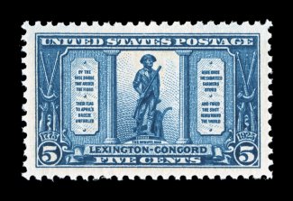 619, 5c Lexington-Concord, impeccably well centered within large balanced margins, intensely rich color and a prooflike impression, pristine o.g., n.h., an extremely fine gem
2007 PSE certificate (Superb 98 SMQ $810.00).