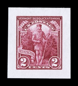 643P2, 2c Vermont Sesquicentennial, small die proof on white wove paper, deep vibrant color on bright paper, large even margins, extremely fine a rare 20th century
proof.