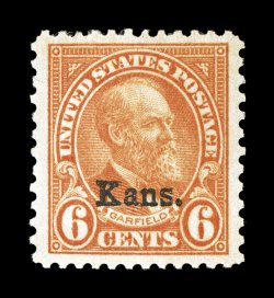 664, 6c Kans. ovpt., an eye-arresting mint example, featuring huge margins, the size of which are almost never encountered on any of the Kans.-Nebr. overprints, exceptionally
well centered within them, bright fresh color, o.g., n.h., extremely