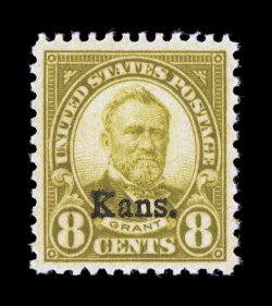 666, 8c Kans. ovpt., a highly desirable mint example, being exceedingly well centered within extravagantly large margins which are most uncharacteristic of this series,
sumptuously rich color, fresh clean o.g., n.h., extremely fine an especia