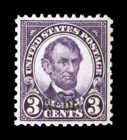 672, 3c Nebr. ovpt., an extraordinary mint single, flawlessly centered, gorgeous deep color and an outstanding impression on bright paper, pristine o.g., n.h., extremely fine
gem 2007 PSE certificate (Superb 98 SMQ $1,150.00).