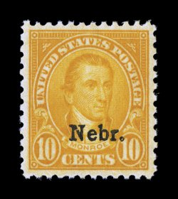 679, 10c Nebr. ovpt., excellent centering within much larger margins than typically encountered, rich bright color, o.g., l.h., extremely fine 2007 PSE certificate (XF-Superb 95
SMQ $260.00).