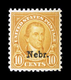 679, 10c Nebr. ovpt., exceptionally well centered and margined, deep intense color, o.g., n.h., extremely fine 2007 PSE certificate (XF 90 SMQ $470.00).