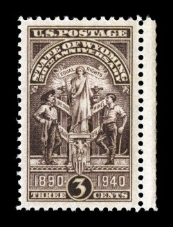 897, 3c Wyoming Statehood, right sheet-margin single, flawlessly centered amid very large margins, rich luxuriant color, o.g., n.h., superb 2007 PSE certificate (Gem 100 SMQ
$200.00) the highest grade given to this stamp, being one of only