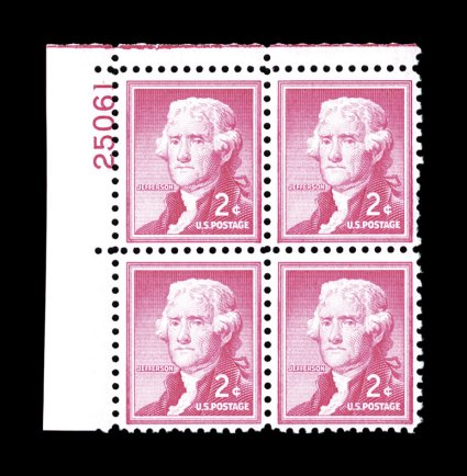 1033a, 2c Carmine rose, silkote paper, top left corner margin plate no. 25061 block of four, bright color, o.g., n.h., top right stamp with light thinning in the right
perforations, fine appearance plate blocks of this variety are seldom offere