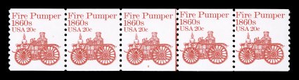 1908, 20c Fire pumper, plate no. 2 strip of five, bright and fresh, o.g., n.h., very fine one of the scarcer plate number strips of the Transportation series 2003 PF
certificate.