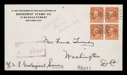 439, 30c Orange red, brilliant block of four with eye-catching color, wonderfully well centered as well, tied to fresh registered return-receipt cover by New York double oval
registry cancels, February 13, 1915 earliest documented usage with