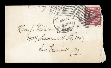 467, 5c Carmine error, single (damaged at right in opening) tied to petite ladys cover by both a flag machine cancel and a handstamped duplex of Portland Maine (duplex added
when the small envelope went through the machine incorrectly), May 2
