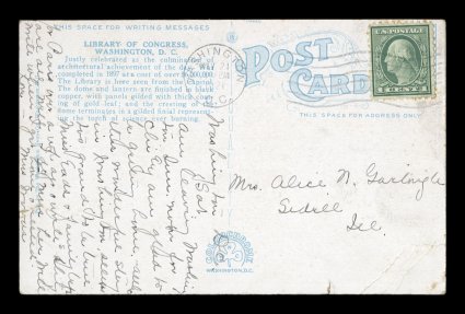 543, 1c Green, perforated 10, quite well centered single, tied to multicolor view card by Washington, D.C. machine cancel, May 21, 1921 earliest documented usage, edge flaws and
corner creases to card, well away from the stamp and markings,