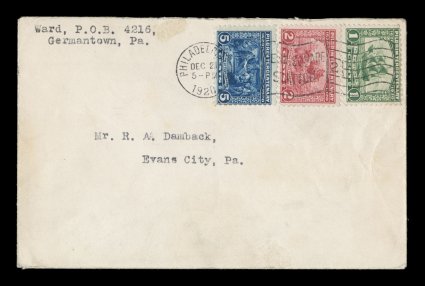 548-50, 1c-5c Pilgrim Tercentenary cplt., tied by Philadelphia, Pa., Dec. 21, 1920 machine cancel on Ward first day cover, sent to Evans City, Pa., stamps with strong rich
color, neatly opened at top, a couple minor hinge marks on face not affec