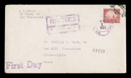 567, 20c Carmine Rose, well centered single tied by oval San Francisco pmk. and purple San Francisco Cal., May 1, 1923 handstamp on registered first day cover to Philip Ward,
various registry backstamps, very fine San Francisco first day cove