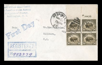 569, 30c Olive brown, top margin plate no. F14436 block of four tied by Washington, D.C. Mar. 20, 1923 duplex handstamps on registered Worden first day cover, just barely
reduced at left, very fine first day cover with blocks (especially with p