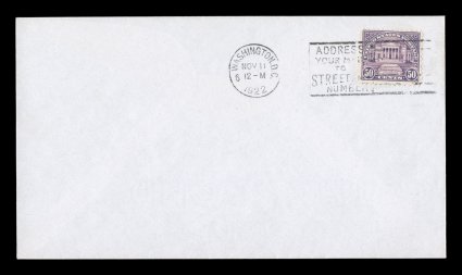 570, 50c Lilac, fresh single with deep color tied by Washington, D.C., Nov. 11, 1922 machine cancel on immaculate unaddressed first day cover, extremely fine a gem first day
cover in the finest attainable quality ex-Martin.