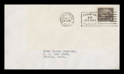 571, $1.00 Violet black, well centered single tied by Washington, D.C., Feb. 12, 1923 machine cancel on first day cover addressed to Home Stamp Company of Boston (which is quite
unusual, as nearly all 571 FDCs were serviced by Worden), very fi