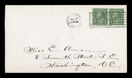 597, 1c Green coil, pair tied to first day cover by Washington, D.C., July 18, 1923 machine cancel, addressed locally, stamps with deep color, opened at left, very fine 2004 PF
certificate.