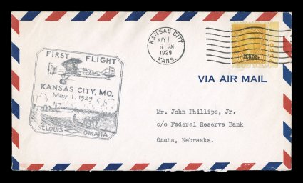 658-68, 1c-10c Kans. ovpts. cplt. set of eleven values on ten first day covers, some in combination, some lower values in multiples and a couple plate number singles, tied by
unofficial Kansas City, May 1, 1929 machine or duplex cancels,