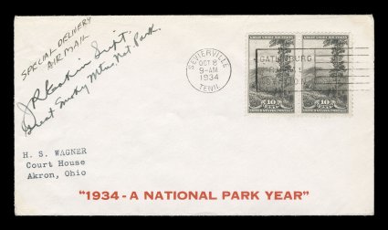 740-49, 1c-10c Parks cplt., each on separate first day cover with signatures of the superintendent of each National Park, with printed period cachet in red 1934 - A National
Park Year, very fine an impressive specialists set that is prob