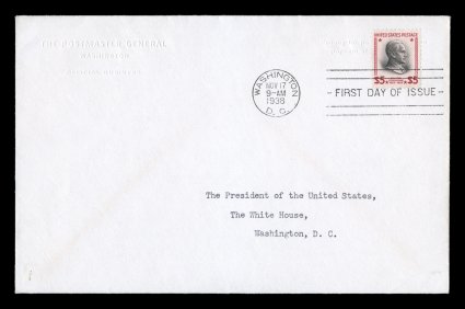 803-34, 12c-$5.00 Presidentials, cplt., each on a separate first day cover addressed to The President of the United States, The White House, Washington, D.C. and with embossed
corner card of the Postmaster General, inside of each envelope