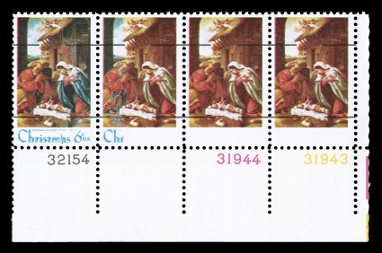 1414c, 6c Christmas, Blue omitted, transitional bottom right corner plate number strip of four, with the two right stamps completely missing the blue color, while the left stamp
is normal, and the second stamp has the blue partially omitted, wit