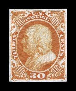 38P3, 30c Orange, plate proof on India, large margins all around, gorgeous bright color, very fine an especially desirable example of this rarely offered proof.