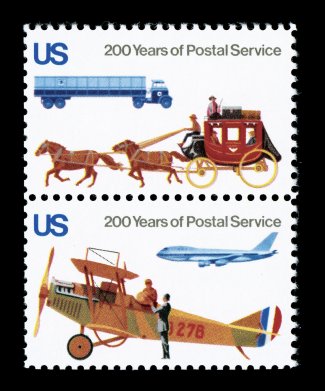 1572-75b, 10c Postal Service Bicentennial, red omitted, two vertical pairs which make up the se-tenant block of four, bright and fresh, o.g., n.h., very fine very rare in any
format, as no more than eight blocks exist and only two sets of pai