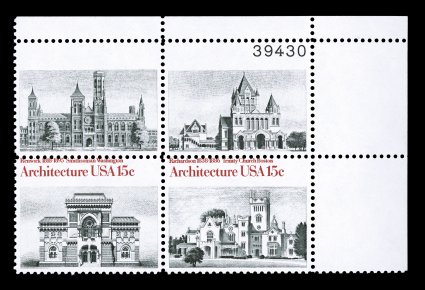 1841b, 15c Architecture, se-tenant block of four, red omitted from top stamps, top right plate no. 38430 block of four, with a perforation shift that causes the plate number to
appear on the top right stamp (this shift is also the reason this er