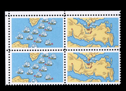 1938b, 18c Bicentennial se-tenant pair, engraved black omitted, top left corner block of four containing two error pairs, o.g., n.h., faint fingerprints on gum, very
fine.