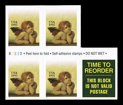 2949b, (32c) Love, engraved red omitted, block of four cut from the booklet pane, with original backing, o.g., n.h., very fine.