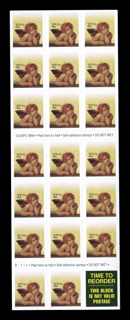 3030c, 32c Love, red omitted, complete booklet pane of twenty, with all stamps missing the red, original backing, o.g., n.h., very fine very few intact panes exist of this error
cataloged as singles.