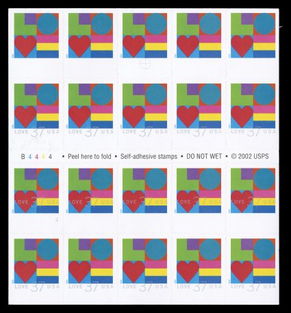 3657 var., 37c Love, with silver (LOVE 37 USA) omitted, pane of twenty with the top row of five with the silver omitted due to a strong downward shift, the other fifteen stamps
with the silver color misplaced, original backing, first stamp in