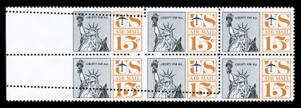 C63c, 15c Statue of Liberty, horizontal pair, imperforate between and at left, the error pair being the bottom left pair in a margin block of six, the error having been caused
by a foldover, o.g., n.h., very fine an important air post error rar