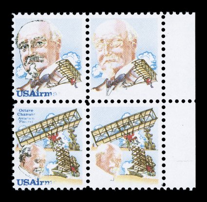 C94b, 21c Octave Chanute air post se-tenant pair, engraved ultramarine and black omitted, right margin transition block of four, the right pair being the error, while the left
pair has colors partially omitted, o.g., n.h., very fine one of the