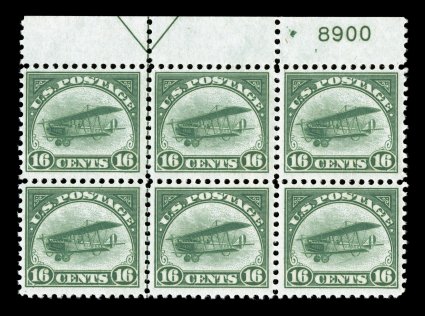 C2, 16c Green, top margin arrown and plate no. 8900 block of six, extraordinarily fresh, attractively centered, o.g., n.h., very fine.